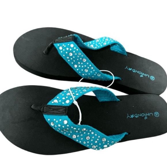 NWT UNIONBAY Black and Teal Rhinestone Flip Flops sz 10 - Picture 1 of 4